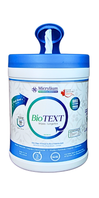 A pop-top canister of surface disinfectant wipes with an open lid